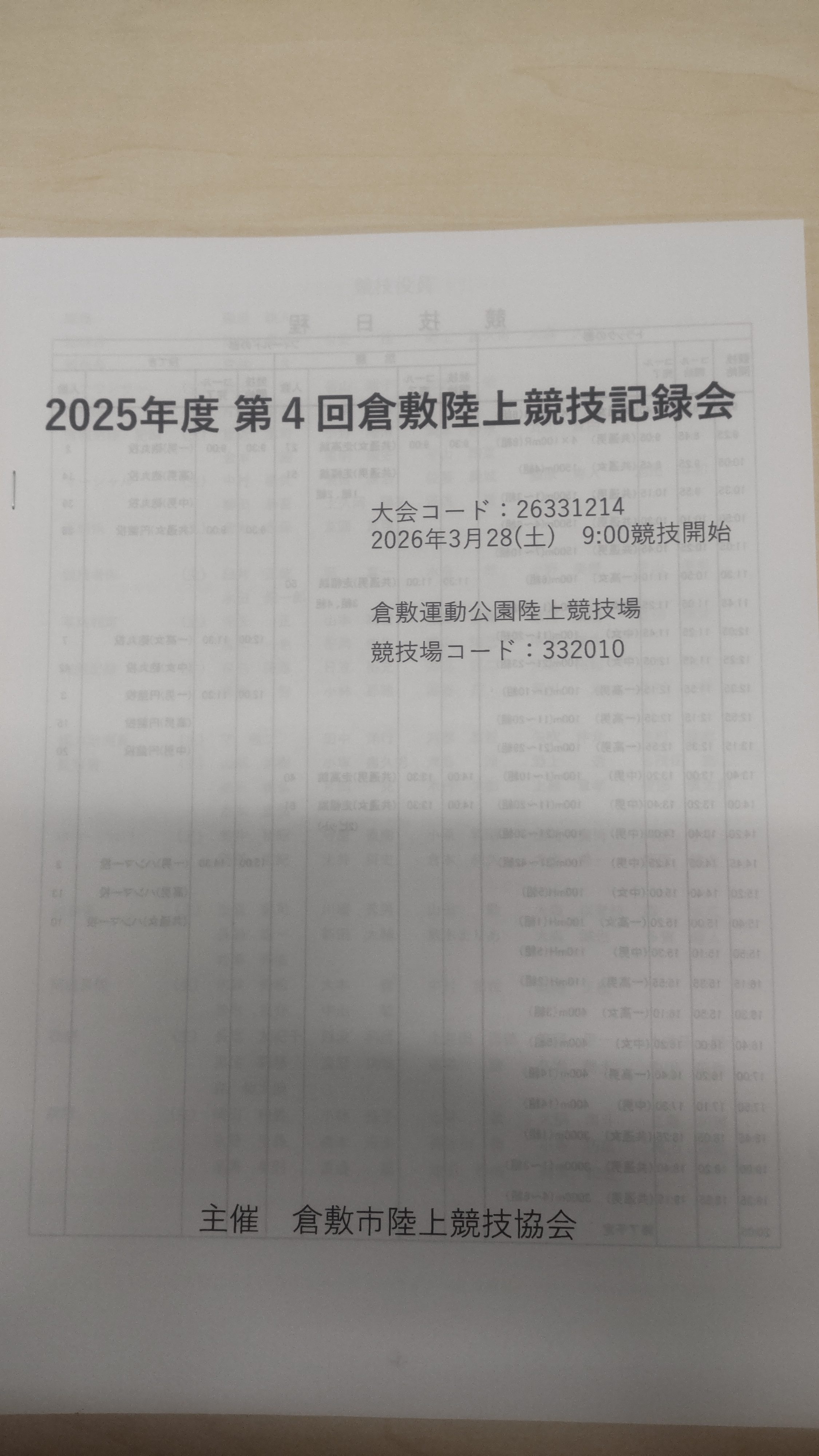 競技会情報(2025年度第4回倉敷記録会)